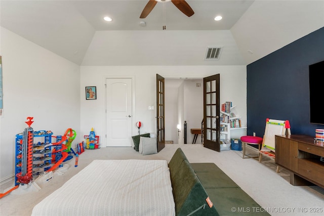 2835 E 104th St, Tulsa, OK 74137 - carpeted bedroom featuring vaulted ceiling, recessed lighting, and a ceiling fan