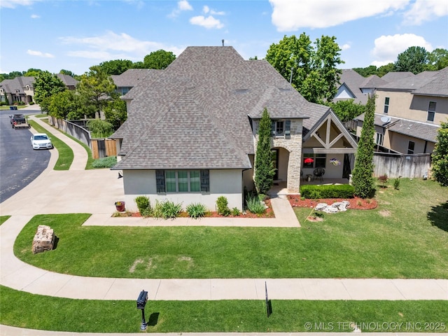 2835 E 104th St, Tulsa, OK 74137 - view of front facade featuring a shingled roof, stucco siding, a residential view, and stone siding