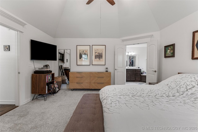 2835 E 104th St, Tulsa, OK 74137 - bedroom featuring carpet floors, high vaulted ceiling, connected bathroom, baseboards, and a ceiling fan