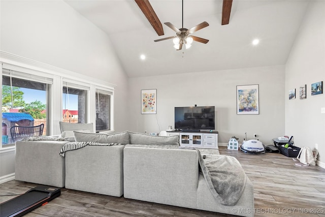 2661 S Catalayah Ln, Claremore, OK 74019 - living area featuring high vaulted ceiling, wood finished floors, ceiling fan, beam ceiling, and baseboards