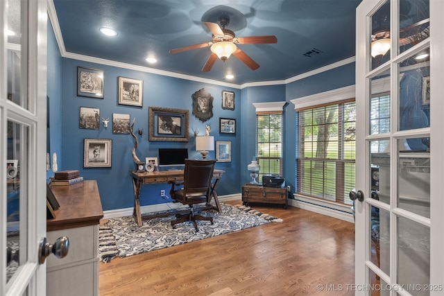 7333 S 286th E Ave, Broken Arrow, OK 74014 - office featuring a ceiling fan, crown molding, wood finished floors, baseboards, and recessed lighting