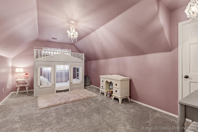 7333 S 286th E Ave, Broken Arrow, OK 74014 - bedroom with a chandelier, lofted ceiling, carpet, and baseboards
