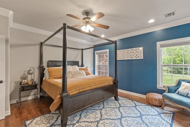 7333 S 286th E Ave, Broken Arrow, OK 74014 - bedroom with ornamental molding, wood finished floors, baseboards, a ceiling fan, and recessed lighting