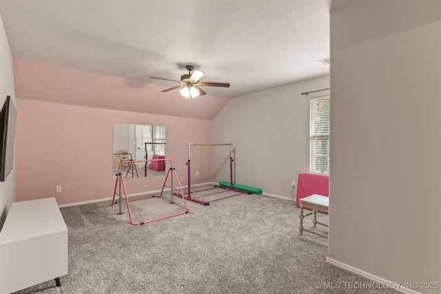 7333 S 286th E Ave, Broken Arrow, OK 74014 - rec room featuring ceiling fan, carpet, baseboards, and vaulted ceiling