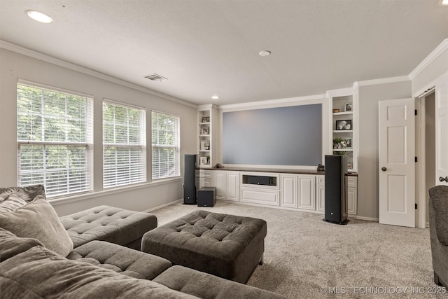 7333 S 286th E Ave, Broken Arrow, OK 74014 - living room featuring crown molding, light carpet, baseboards, recessed lighting, and built in shelves