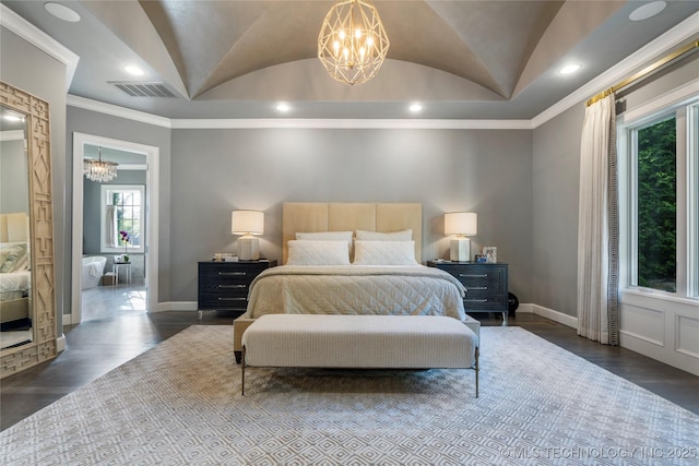 6830 E 109th St, Tulsa, OK 74133 - bedroom featuring a chandelier, baseboards, crown molding, dark wood-style flooring, and recessed lighting