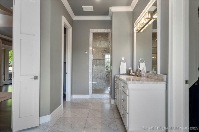 6830 E 109th St, Tulsa, OK 74133 - full bathroom with crown molding, a shower stall, marble look tile flooring, baseboards, and vanity