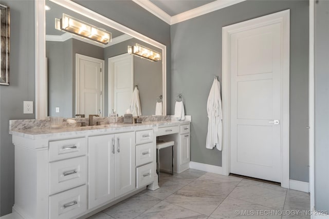 6830 E 109th St, Tulsa, OK 74133 - bathroom with crown molding, marble finish floors, baseboards, vanity, and a chandelier