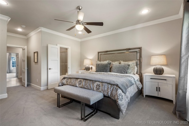 6830 E 109th St, Tulsa, OK 74133 - carpeted bedroom featuring ornamental molding, baseboards, recessed lighting, and ceiling fan