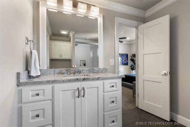 6830 E 109th St, Tulsa, OK 74133 - ensuite bathroom with ornamental molding, a shower stall, vanity, and baseboards