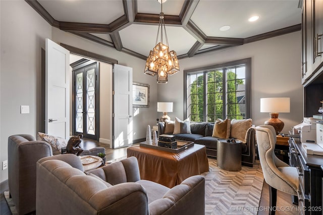6830 E 109th St, Tulsa, OK 74133 - living room featuring a chandelier, coffered ceiling, and ornamental molding
