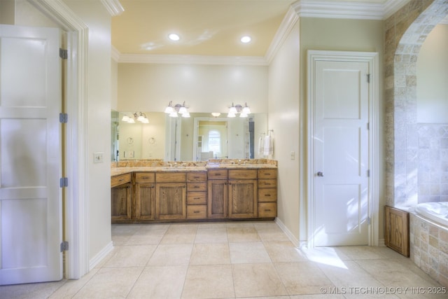 14832 S 53rd E Ave, Bixby, OK 74008 - bathroom featuring a bath, tile patterned floors, ornamental molding, vanity, and baseboards