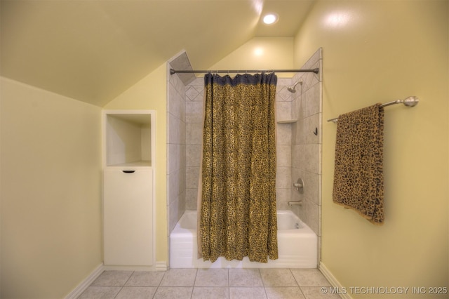 14832 S 53rd E Ave, Bixby, OK 74008 - bathroom featuring vaulted ceiling, shower / bath combination with curtain, tile patterned flooring, and baseboards
