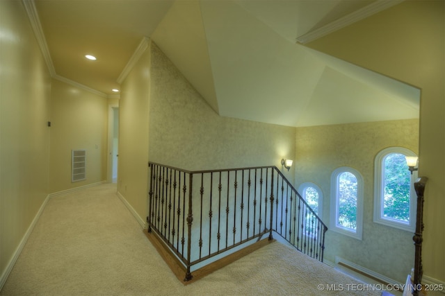 14832 S 53rd E Ave, Bixby, OK 74008 - corridor with an upstairs landing, crown molding, carpet floors, baseboards, and recessed lighting