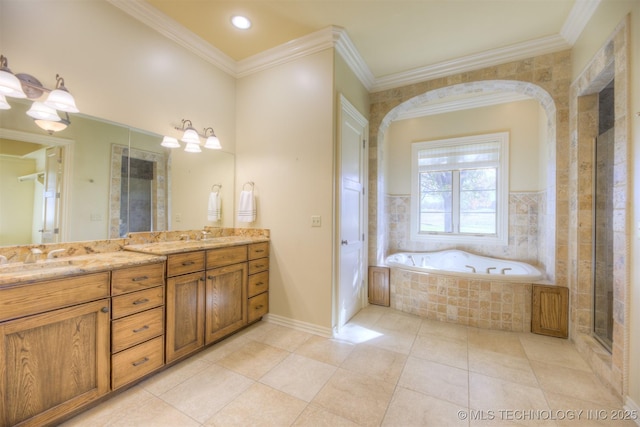 14832 S 53rd E Ave, Bixby, OK 74008 - full bath featuring a garden tub, double vanity, tile patterned flooring, crown molding, and tiled shower