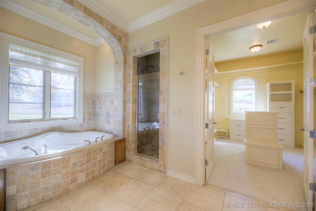 14832 S 53rd E Ave, Bixby, OK 74008 - bathroom featuring a bath, a shower stall, tile patterned flooring, and crown molding