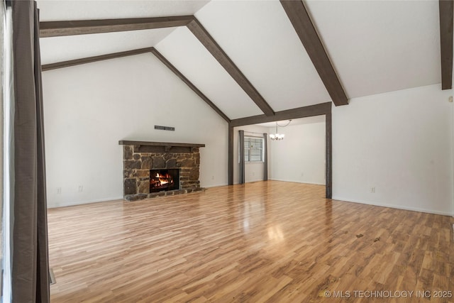3901 E 60th Pl, Tulsa, OK 74135 - unfurnished living room with a chandelier, light wood finished floors, beam ceiling, a fireplace, and high vaulted ceiling