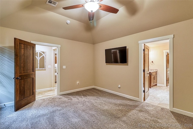 117683 Powell Rd, Eufaula, OK 74432 - empty room with light colored carpet, ceiling fan, lofted ceiling, and baseboards