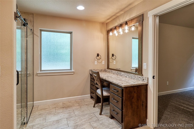 117683 Powell Rd, Eufaula, OK 74432 - bathroom with a shower with door, vanity, baseboards, and recessed lighting