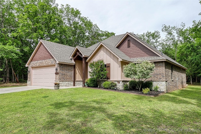 117683 Powell Rd, Eufaula, OK 74432 - view of front of property with driveway, a shingled roof, a front yard, board and batten siding, and a garage