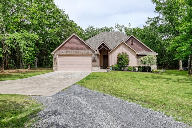 117683 Powell Rd, Eufaula, OK 74432 - view of front facade with driveway, an attached garage, a front yard, board and batten siding, and stone siding