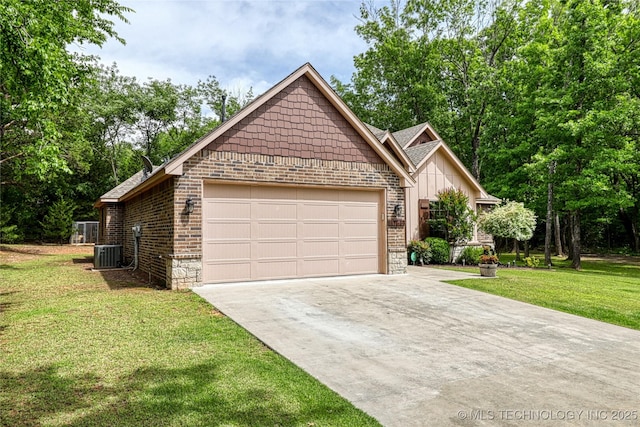 117683 Powell Rd, Eufaula, OK 74432 - ranch-style home with central AC, concrete driveway, brick siding, a front yard, and a garage