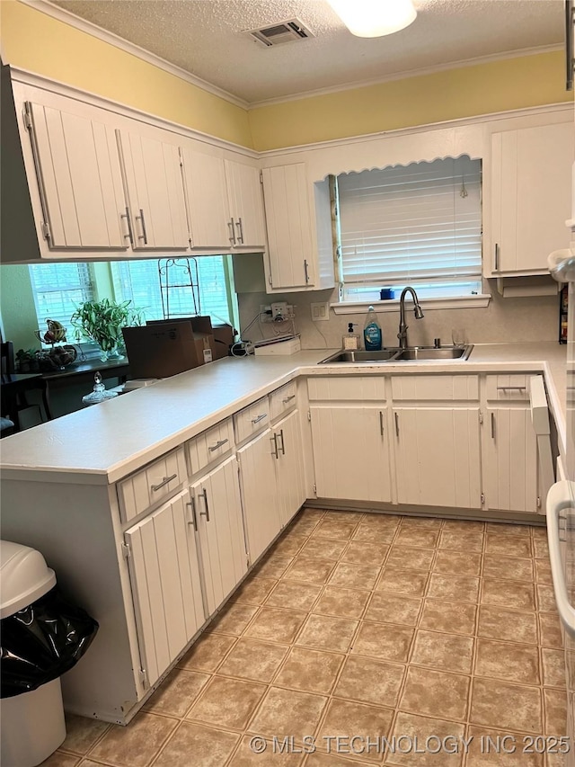kitchen with a sink, light countertops, a peninsula, crown molding, and a textured ceiling