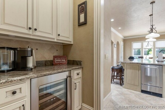 716 W 108th Pl S, Jenks, OK 74037 - bar featuring beverage cooler, ornamental molding, arched walkways, backsplash, and decorative light fixtures
