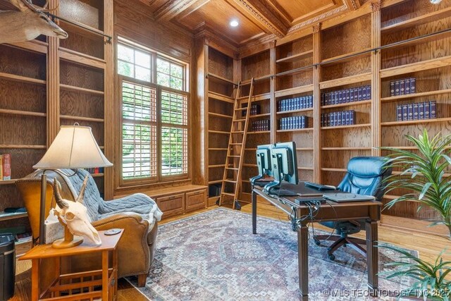 716 W 108th Pl S, Jenks, OK 74037 - office area featuring wood ceiling, beam ceiling, wooden walls, recessed lighting, and built in features