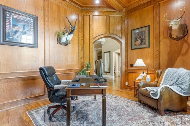 716 W 108th Pl S, Jenks, OK 74037 - office with arched walkways, ornamental molding, wood walls, wood finished floors, and beamed ceiling