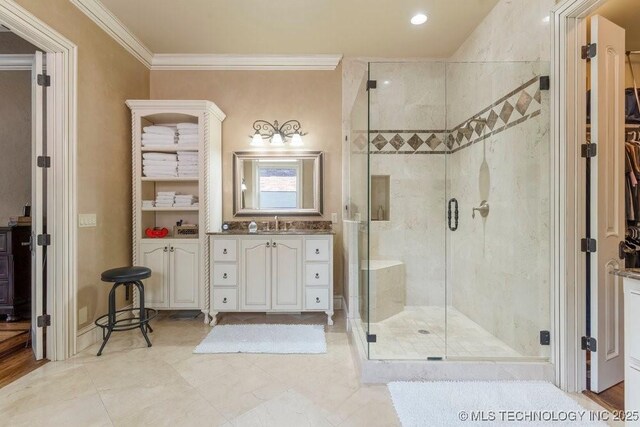716 W 108th Pl S, Jenks, OK 74037 - bathroom with crown molding, a stall shower, and vanity