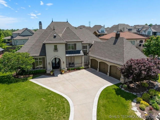 716 W 108th Pl S, Jenks, OK 74037 - french provincial home featuring stucco siding, a chimney, french doors, a front lawn, and a residential view