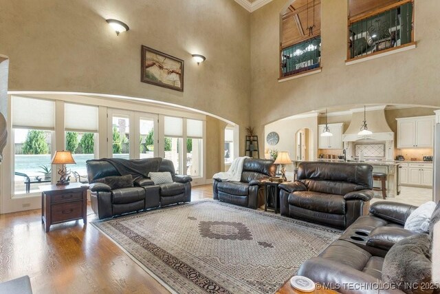 716 W 108th Pl S, Jenks, OK 74037 - living room with a towering ceiling, light wood-type flooring, ornamental molding, and arched walkways