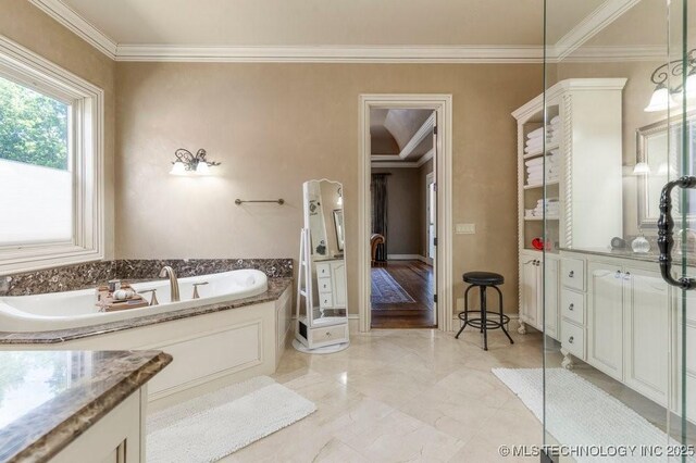 716 W 108th Pl S, Jenks, OK 74037 - bathroom featuring crown molding, a garden tub, and vanity