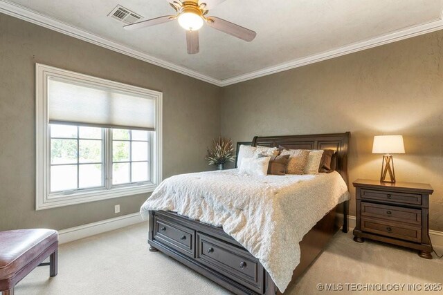 716 W 108th Pl S, Jenks, OK 74037 - carpeted bedroom featuring baseboards, crown molding, and a ceiling fan