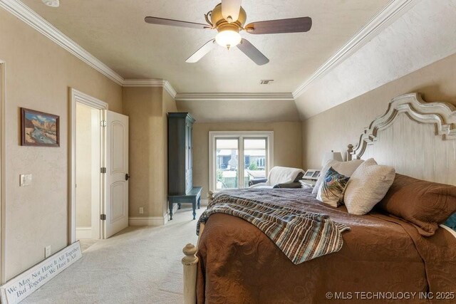 716 W 108th Pl S, Jenks, OK 74037 - bedroom with light colored carpet, ornamental molding, baseboards, and a ceiling fan