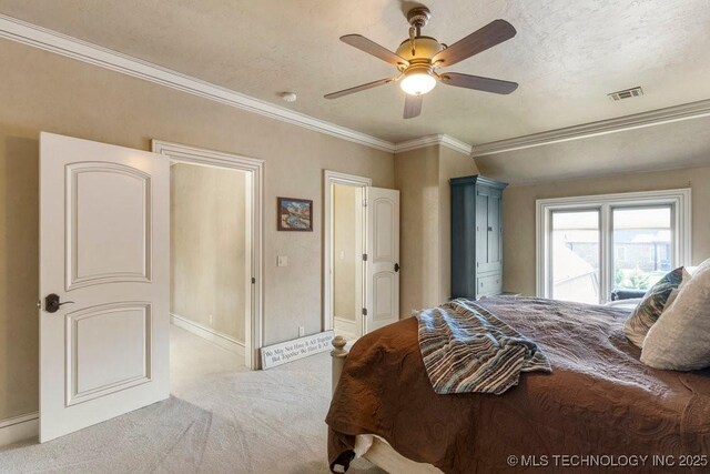716 W 108th Pl S, Jenks, OK 74037 - carpeted bedroom with crown molding, baseboards, and ceiling fan