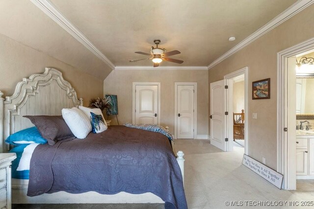 716 W 108th Pl S, Jenks, OK 74037 - bedroom with light colored carpet, ornamental molding, ensuite bath, a ceiling fan, and baseboards