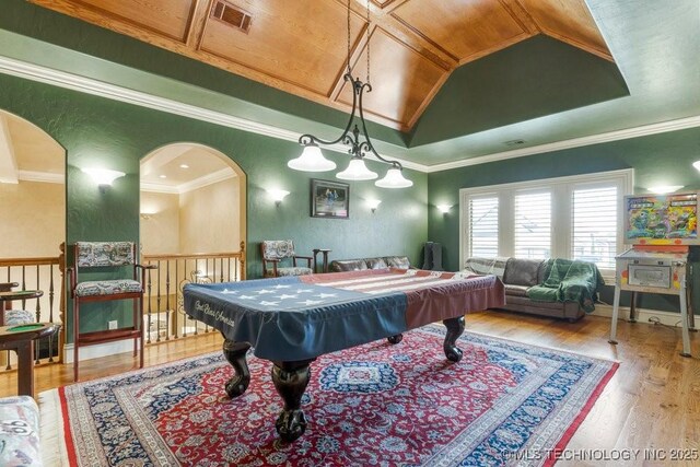 716 W 108th Pl S, Jenks, OK 74037 - playroom featuring wood finished floors, arched walkways, billiards table, and vaulted ceiling