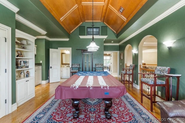 716 W 108th Pl S, Jenks, OK 74037 - game room with billiards table, light wood-type flooring, vaulted ceiling, wood ceiling, and ornamental molding