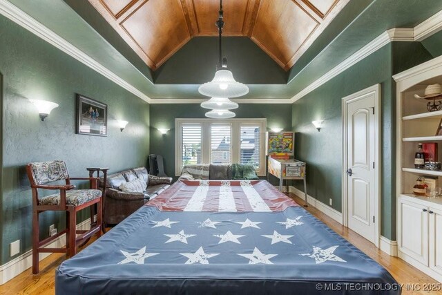 716 W 108th Pl S, Jenks, OK 74037 - bedroom with light wood-style flooring, lofted ceiling, and ornamental molding