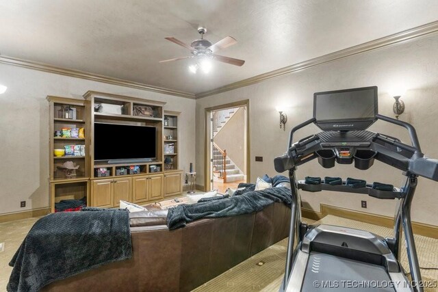 716 W 108th Pl S, Jenks, OK 74037 - living room with a ceiling fan, ornamental molding, stairs, and baseboards