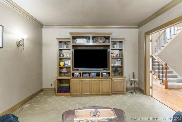 716 W 108th Pl S, Jenks, OK 74037 - living area with light carpet, stairs, crown molding, and baseboards