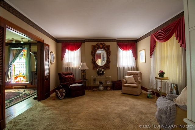 living area with plenty of natural light and ornamental molding