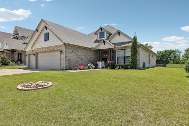 craftsman-style house with brick siding, driveway, and a front lawn