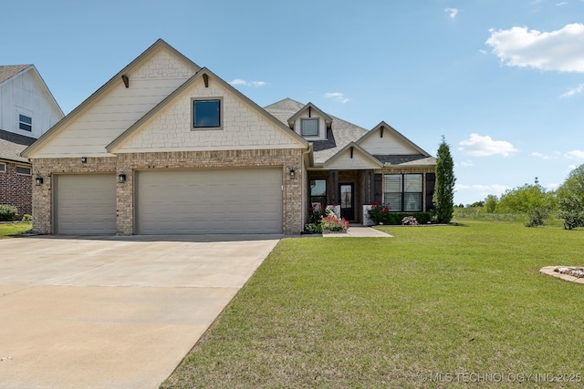 craftsman house featuring driveway, brick siding, a front yard, a garage, and roof with shingles