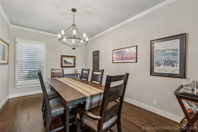 dining room featuring a chandelier, baseboards, ornamental molding, and dark wood-style flooring