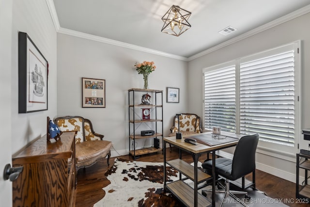 office space with dark wood-style flooring, ornamental molding, and baseboards