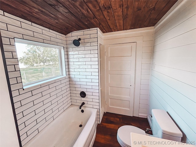 216 Belt Ave, Eufaula, OK 74432 - bathroom featuring toilet, wooden ceiling, shower / tub combination, wood finished floors, and wood walls
