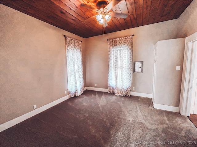 216 Belt Ave, Eufaula, OK 74432 - carpeted empty room with wooden ceiling, a ceiling fan, and baseboards